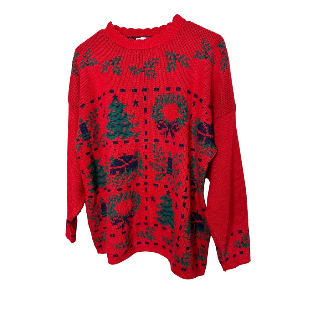 Vintage Adele Knitwear Red Christmas Tree Wreath Gift Ugly‎ Sweater Women's M